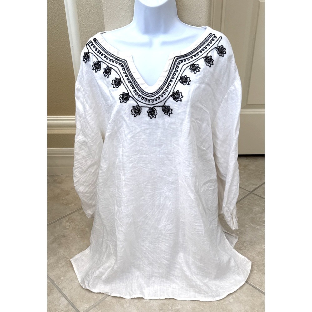 Lord & Taylor Linen Sz 3X Tunic Shirt White Embellished Roll tab Blouse Cruise